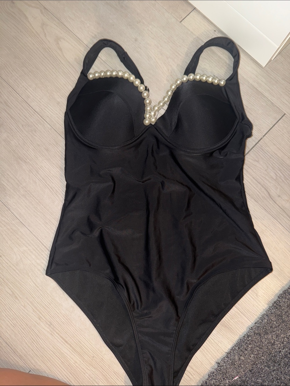 SHEIN Black One-Piece Swimsuit with Pearl Trim